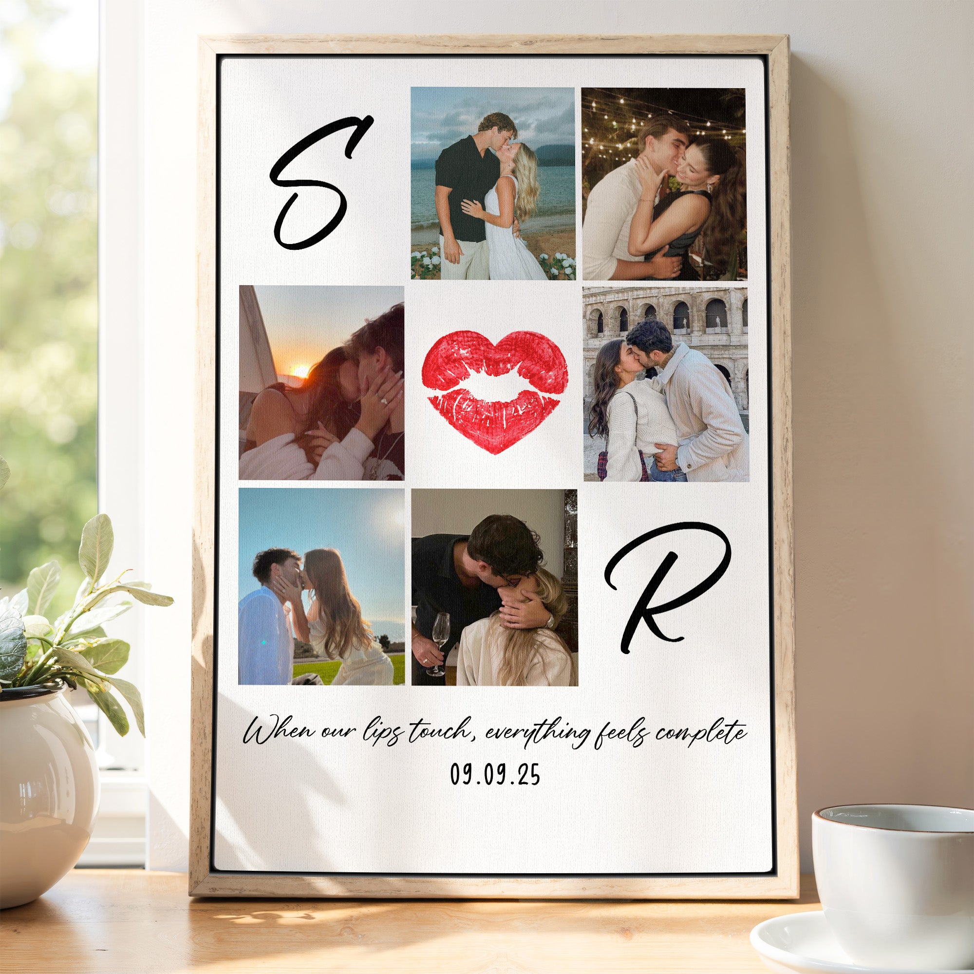 Custom Monogram And Year Personalized Kissing Couple Silhouette Canvas, 6 Photo Collage Unique Wedding Gift for Couple