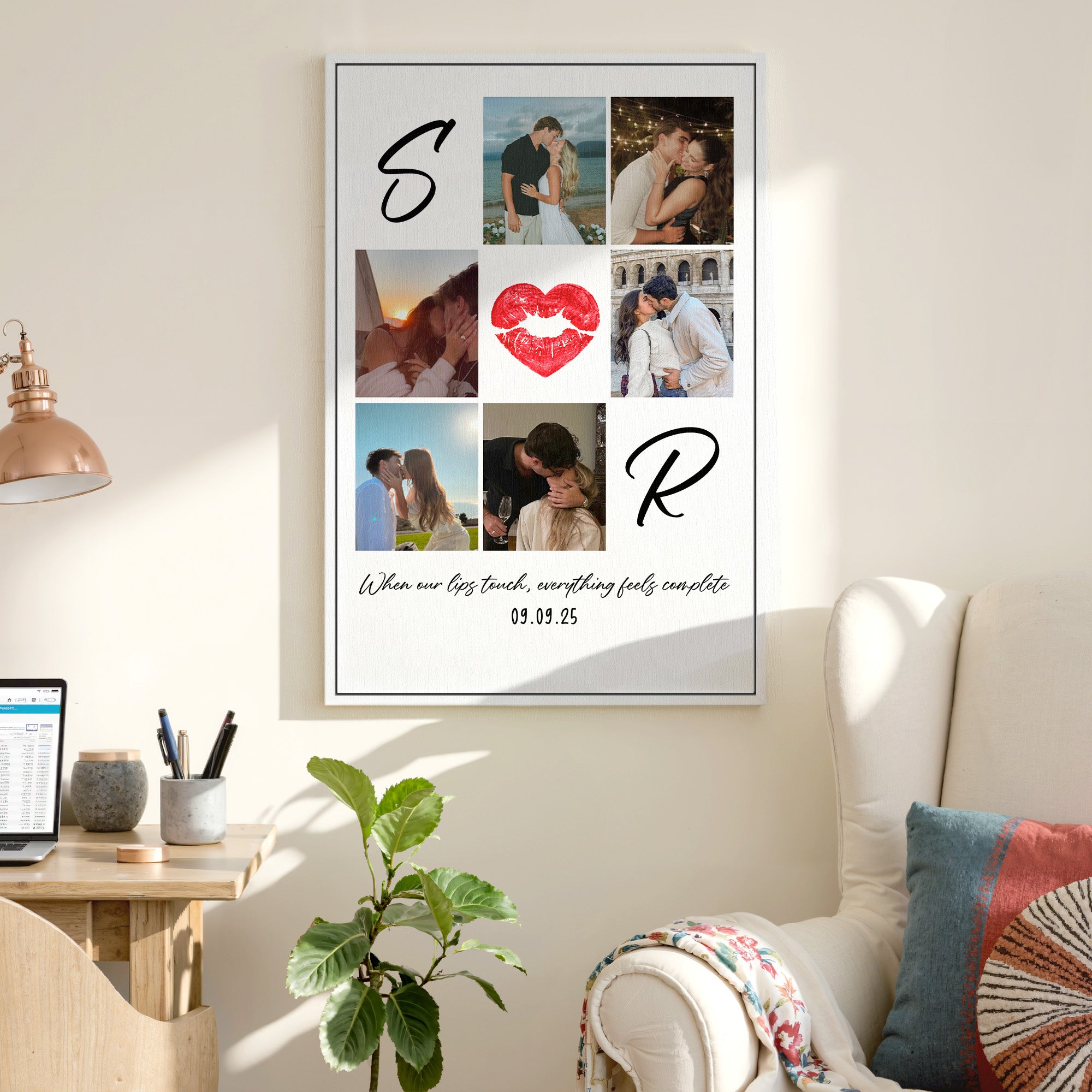 Custom Monogram And Year Personalized Kissing Couple Silhouette Canvas, 6 Photo Collage Unique Wedding Gift for Couple