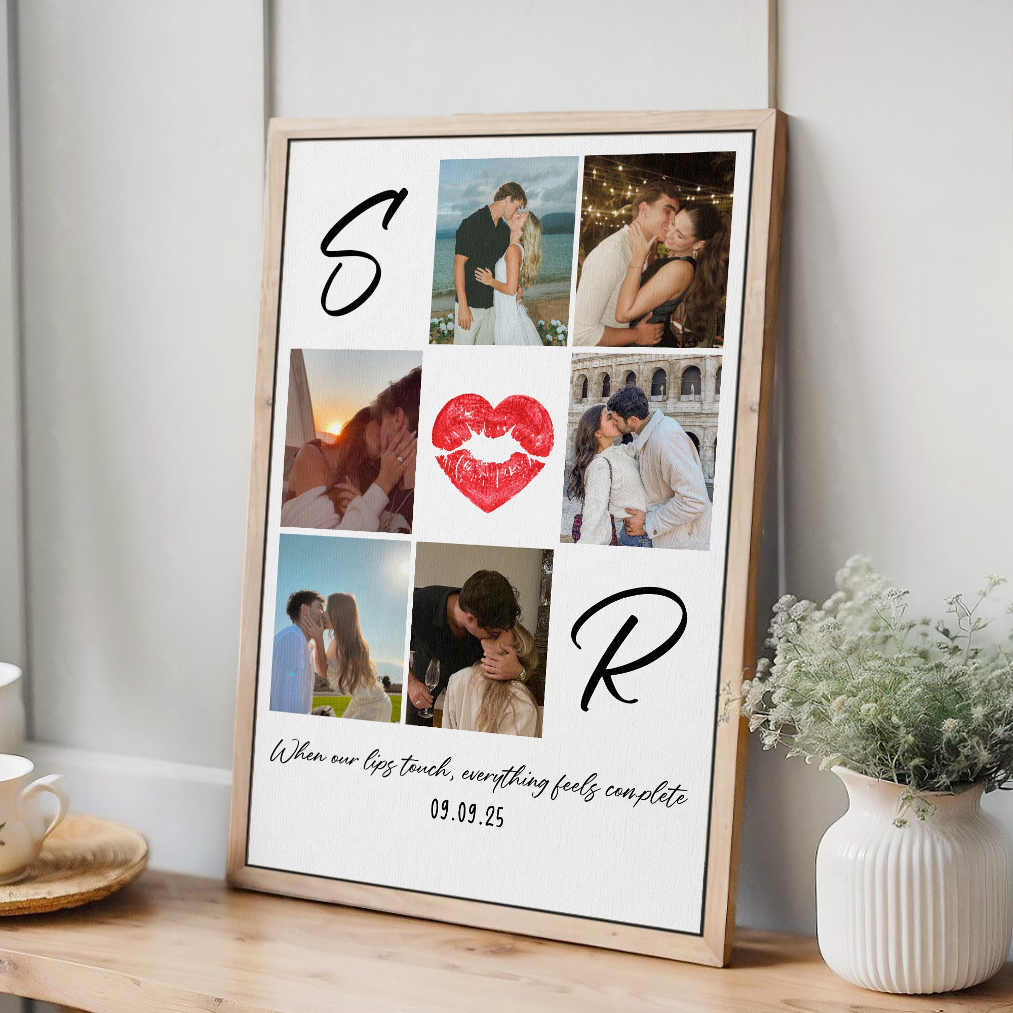 Custom Monogram And Year Personalized Kissing Couple Silhouette Canvas, 6 Photo Collage Unique Wedding Gift for Couple