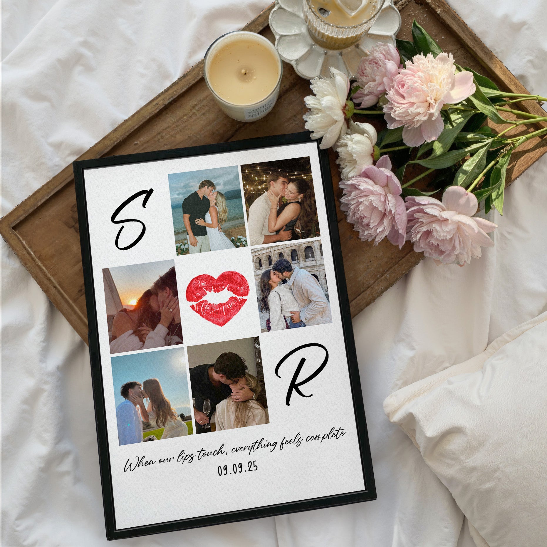 Custom Monogram And Year Personalized Kissing Couple Silhouette Canvas, 6 Photo Collage Unique Wedding Gift for Couple