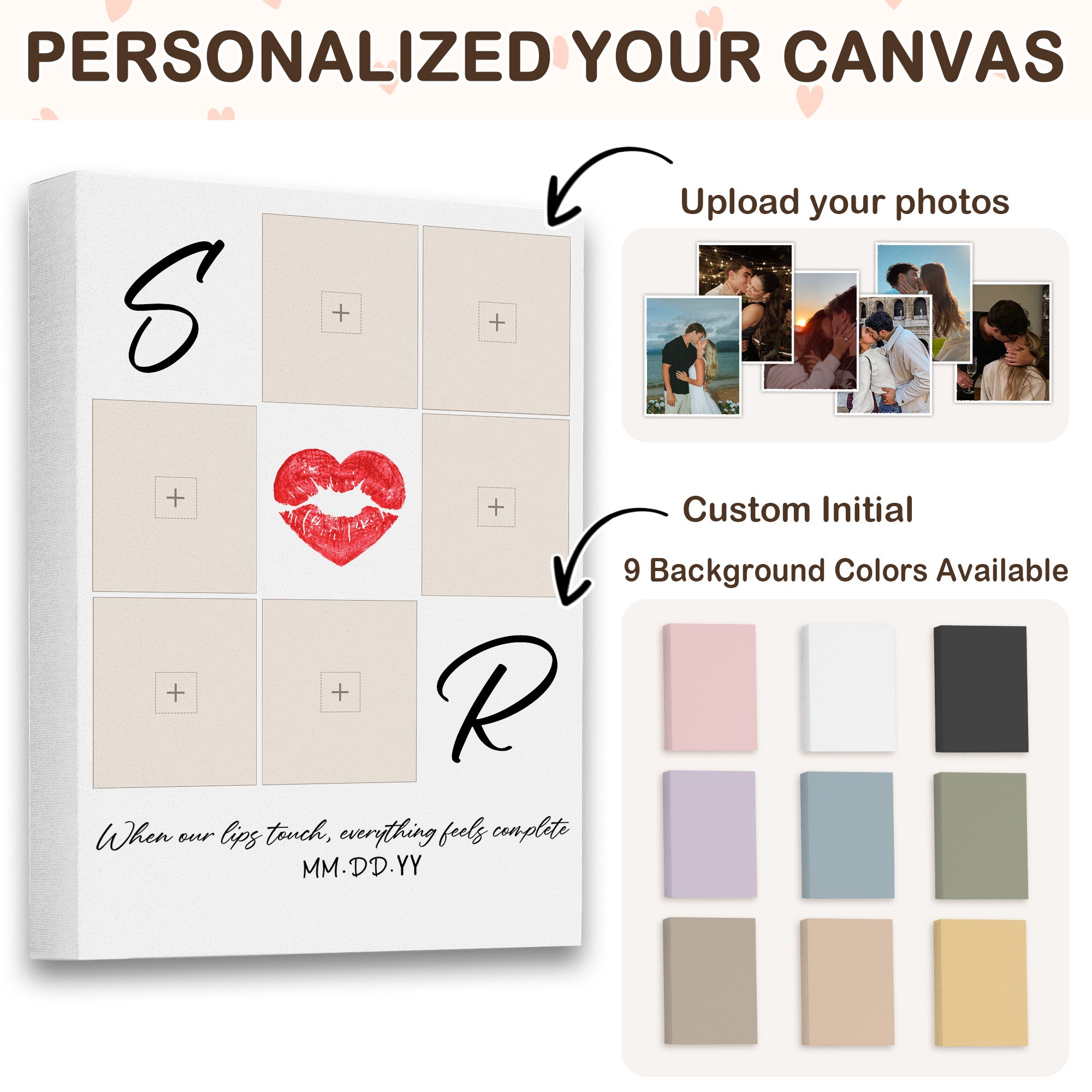 Custom Monogram And Year Personalized Kissing Couple Silhouette Canvas, 6 Photo Collage Unique Wedding Gift for Couple