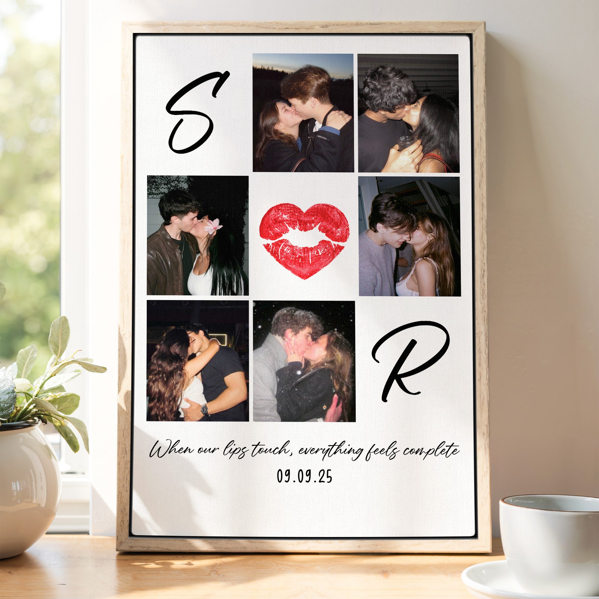 Personalized Kiss Mark Photo Canvas with Names And Year, Unique Lip Shape Collage Romantic Anniversary Gift for Her Him