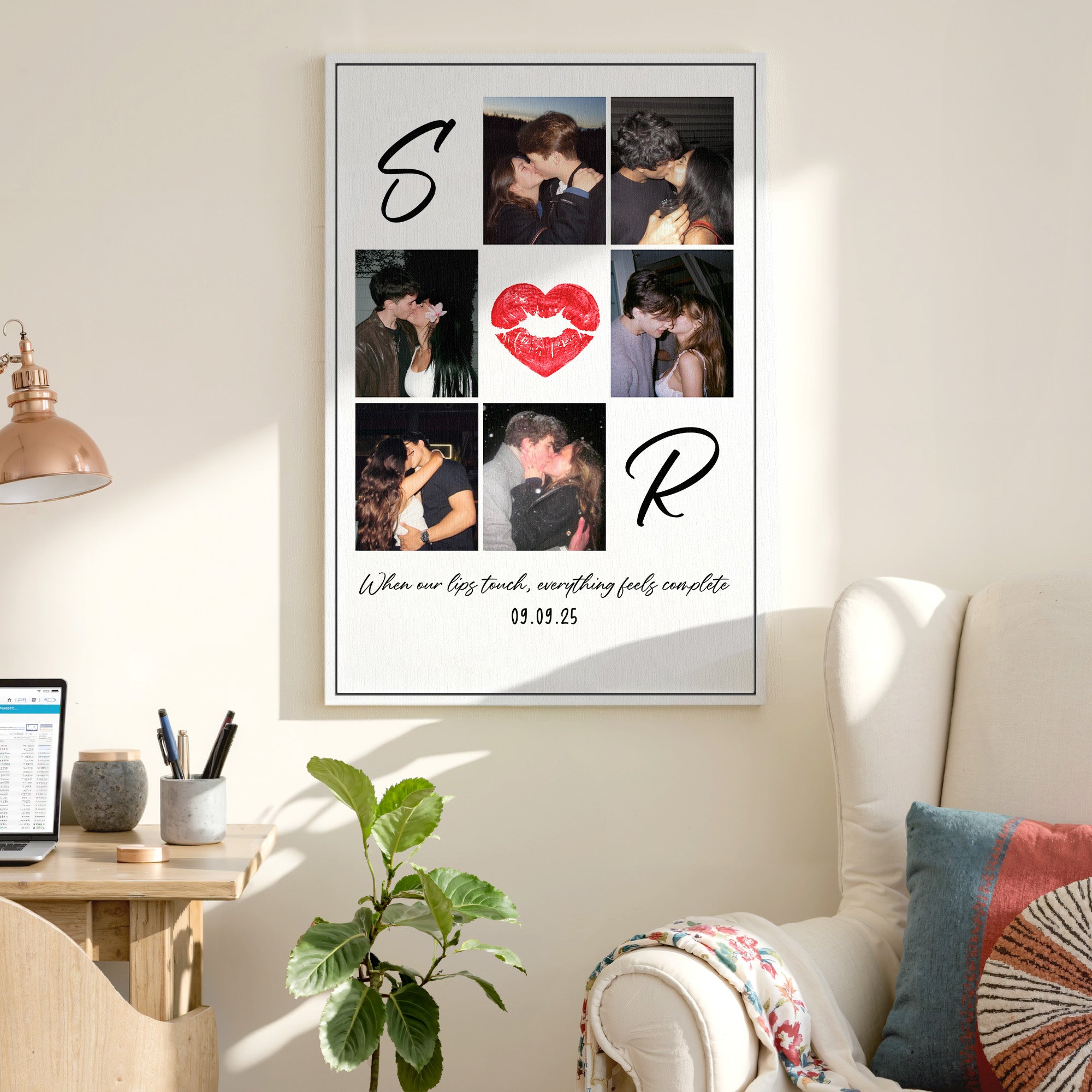 Personalized Kiss Mark Photo Canvas with Names And Year, Unique Lip Shape Collage Romantic Anniversary Gift for Her Him