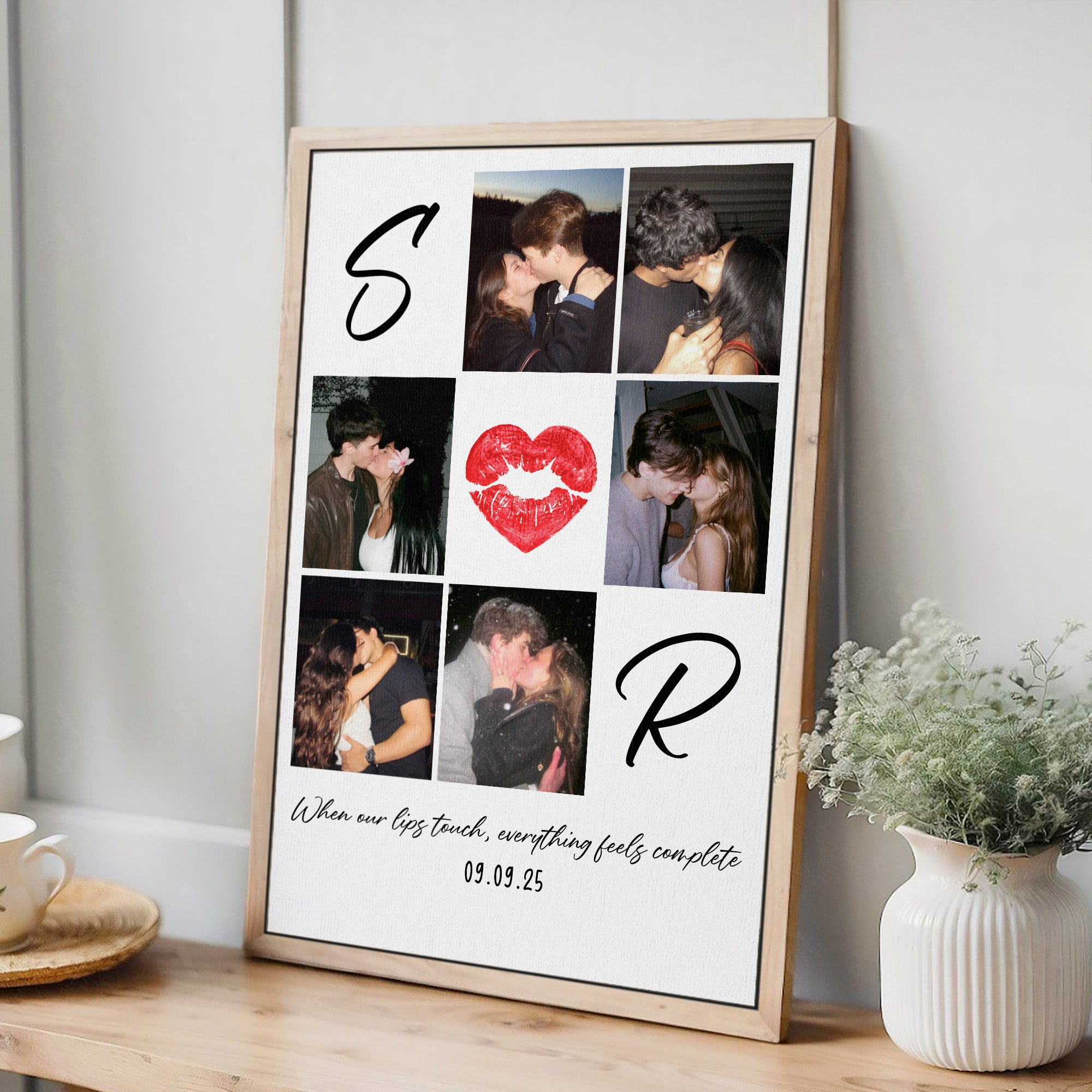 Personalized Kiss Mark Photo Canvas with Names And Year, Unique Lip Shape Collage Romantic Anniversary Gift for Her Him