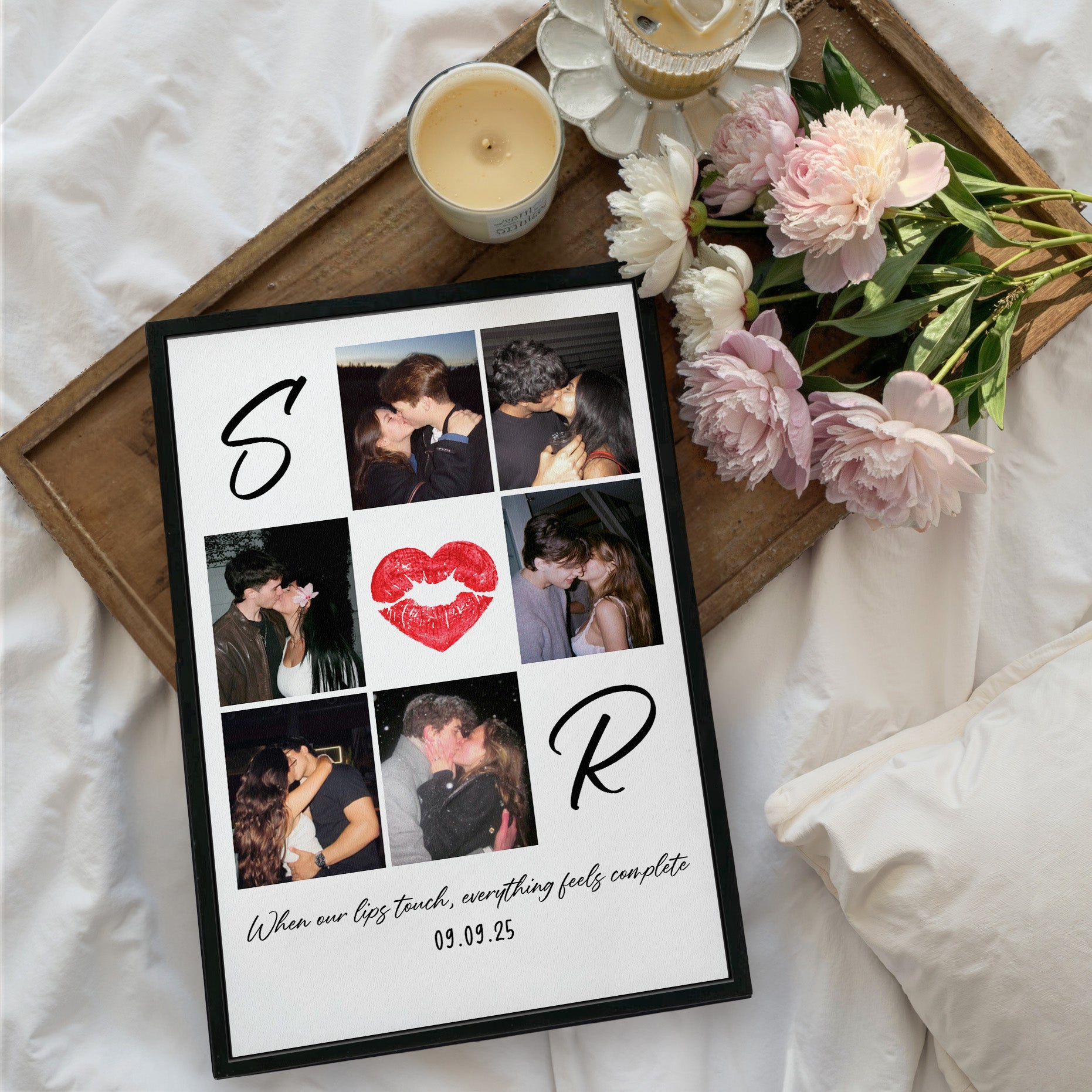 Personalized Kiss Mark Photo Canvas with Names And Year, Unique Lip Shape Collage Romantic Anniversary Gift for Her Him