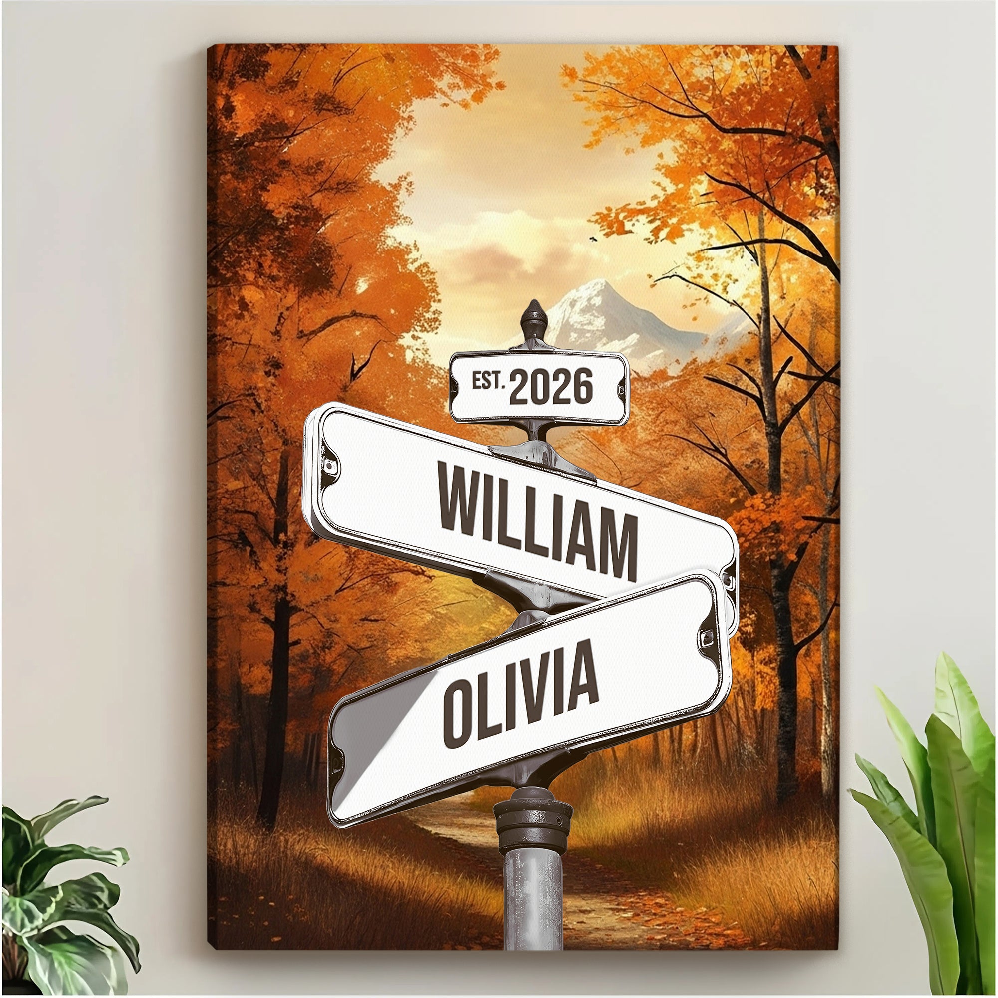 Personalized Autumn Street Sign with Names And Year, Vintage Fall Landscape Canvas Gift for Couples