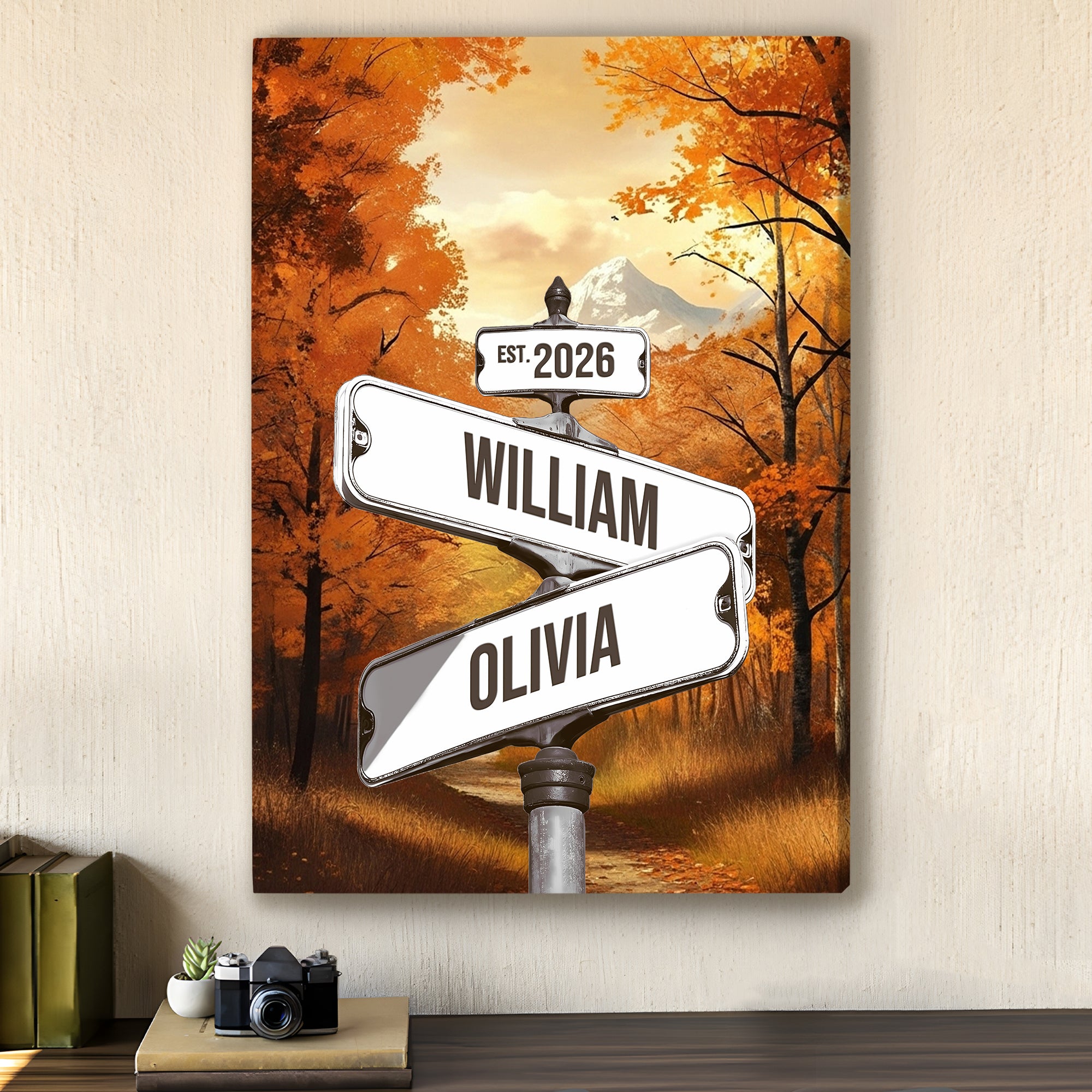 Personalized Autumn Street Sign with Names And Year, Vintage Fall Landscape Canvas Gift for Couples