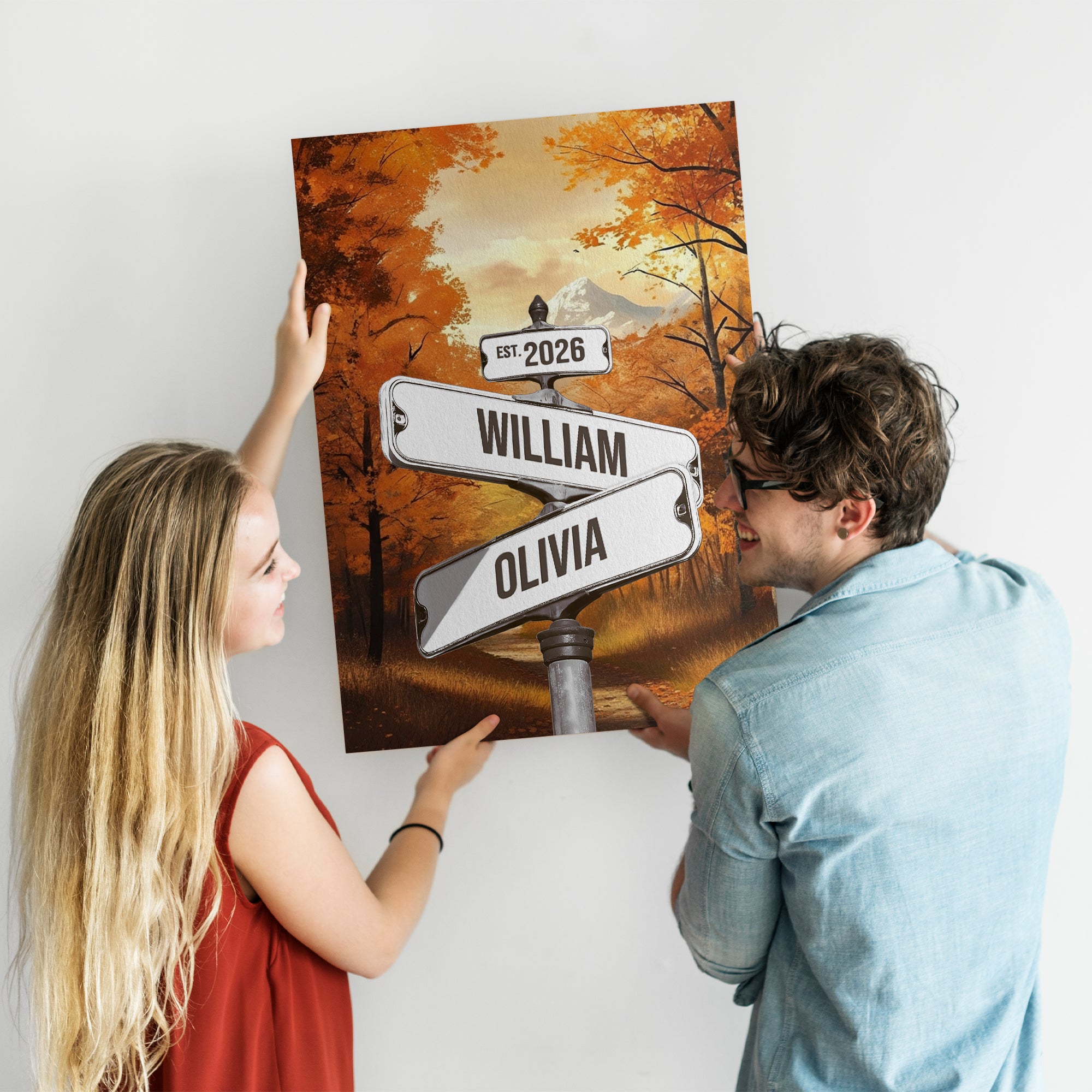 Personalized Autumn Street Sign with Names And Year, Vintage Fall Landscape Canvas Gift for Couples