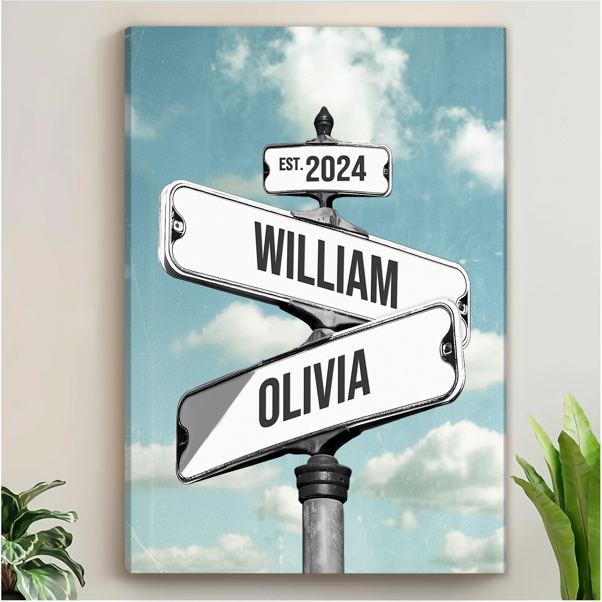 Personalized Blue Sky Street Sign with Names And Year, Retro Intersection Sign Canvas Gift for Couples