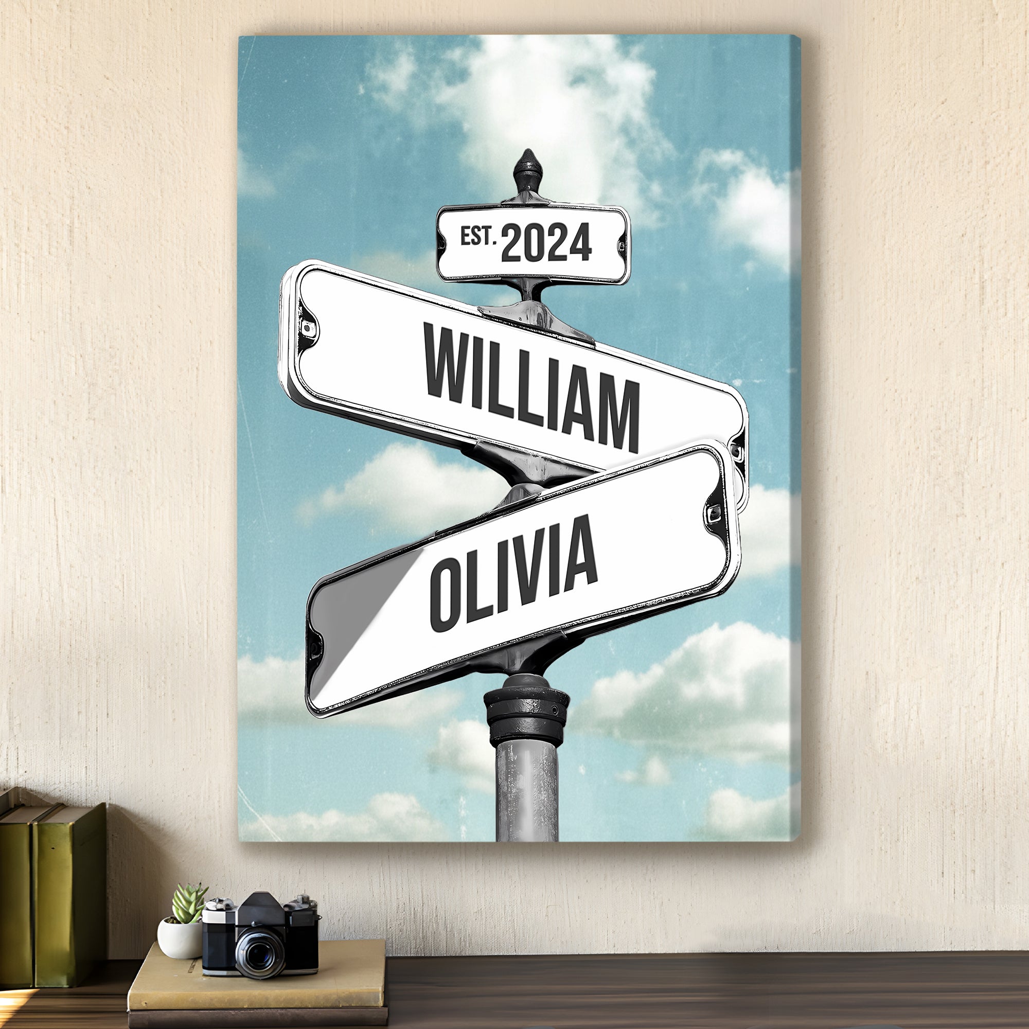 Personalized Blue Sky Street Sign with Names And Year, Retro Intersection Sign Canvas Gift for Couples