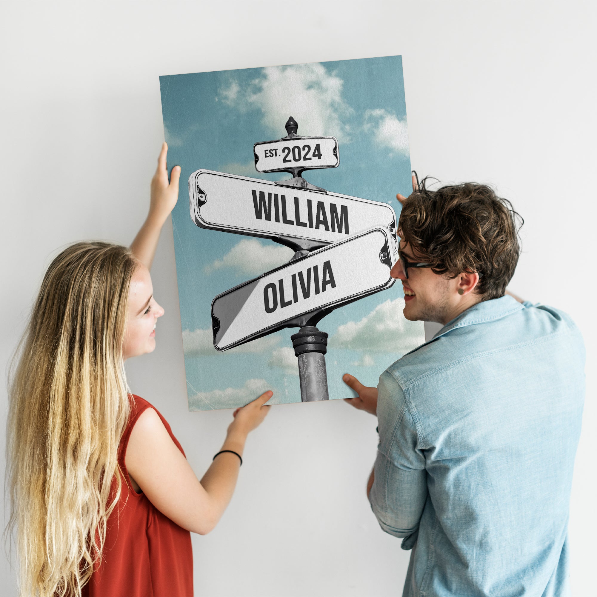 Personalized Blue Sky Street Sign with Names And Year, Retro Intersection Sign Canvas Gift for Couples