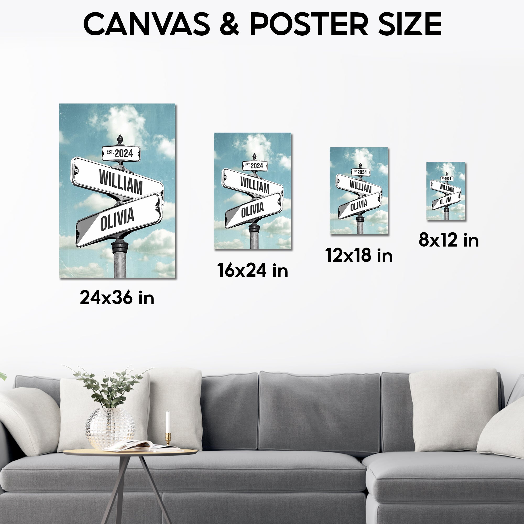 Personalized Blue Sky Street Sign with Names And Year, Retro Intersection Sign Canvas Gift for Couples