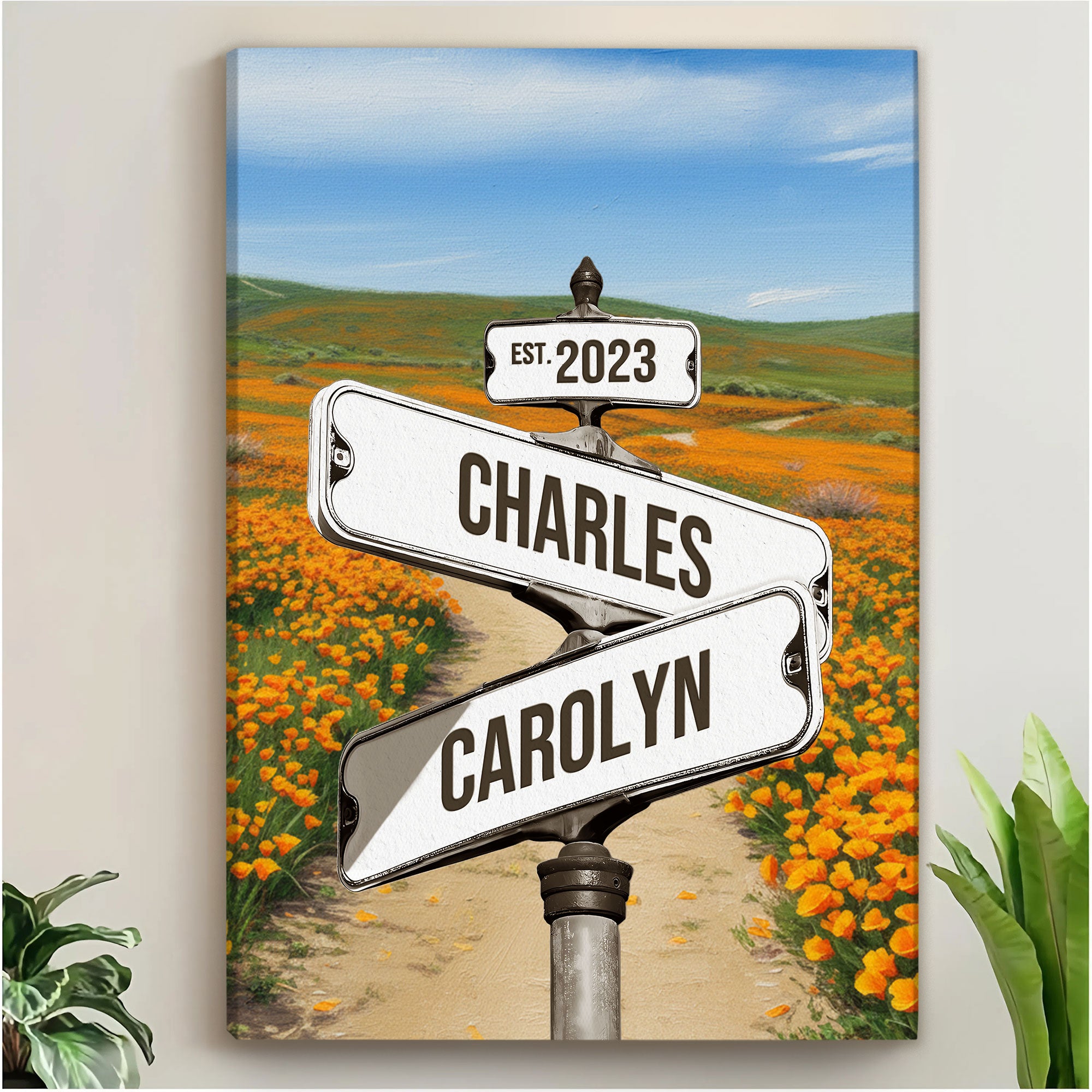 Personalized Poppy Flower Field Street Sign with Names And Year, Romantic Intersection Sign Canvas Gift for Couples