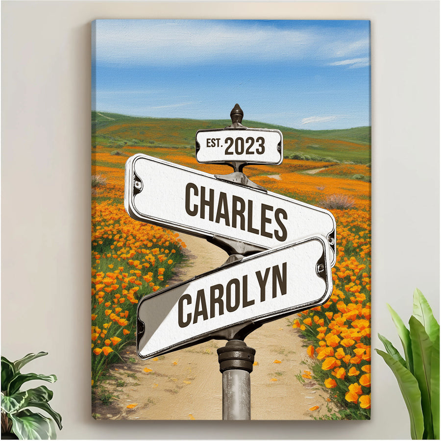 Custom Couple Street Sign Poppy Field Path Names & Year Canvas - Personalized Wall Art