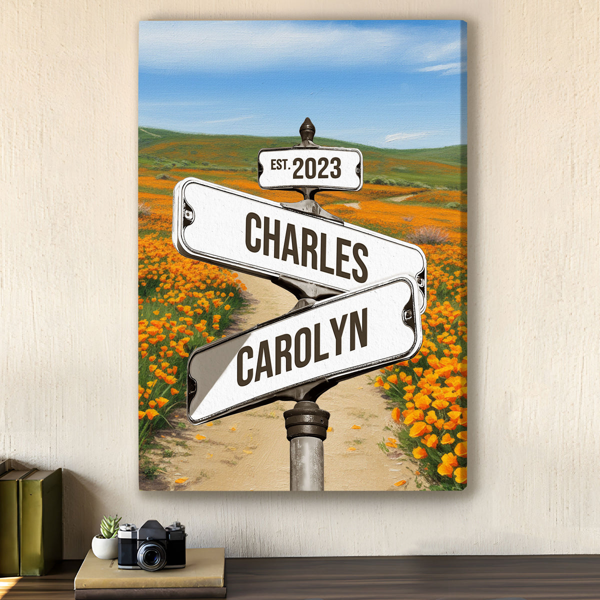 Custom Couple Street Sign Poppy Field Path Names & Year Canvas - Personalized Wall Art