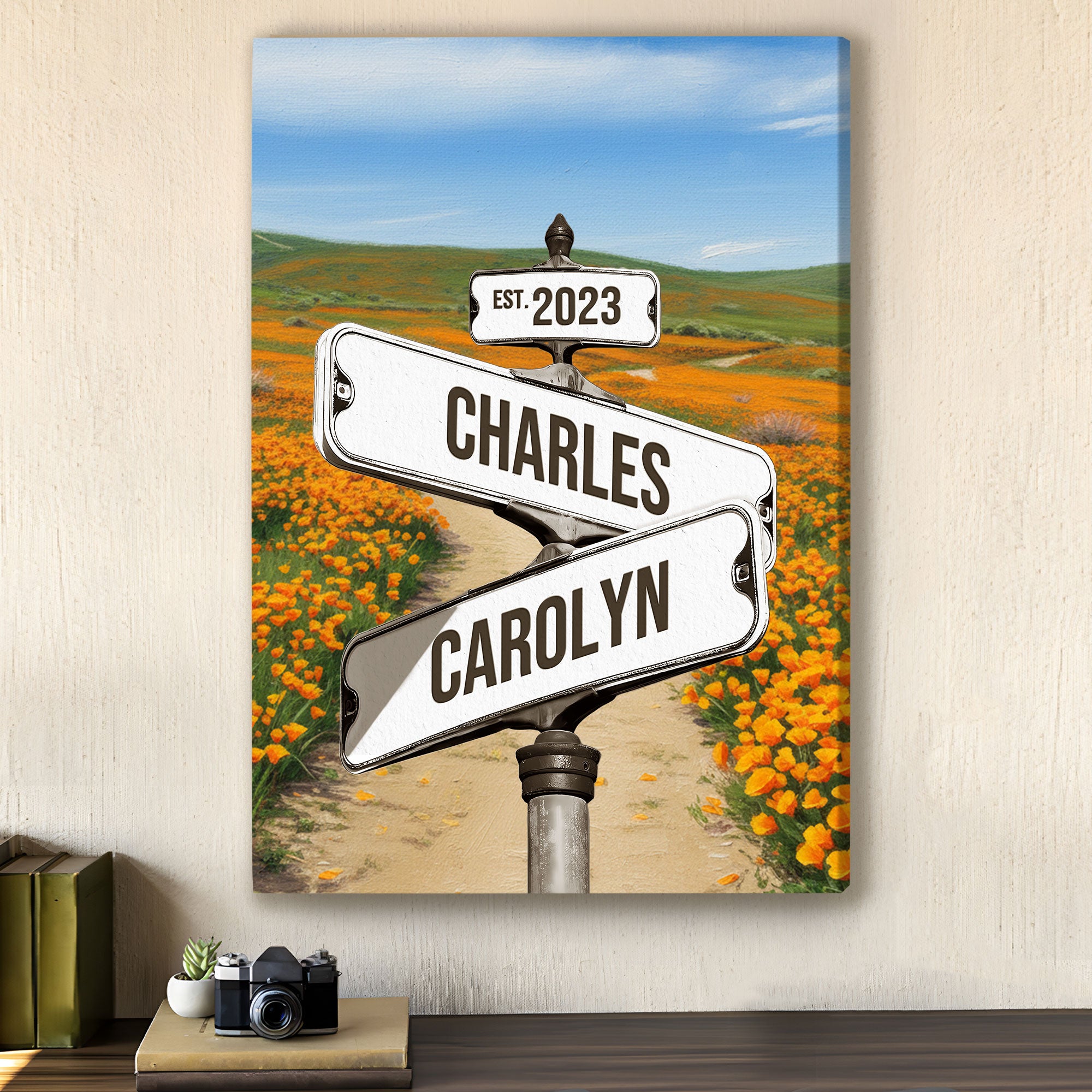Personalized Poppy Flower Field Street Sign with Names And Year, Romantic Intersection Sign Canvas Gift for Couples