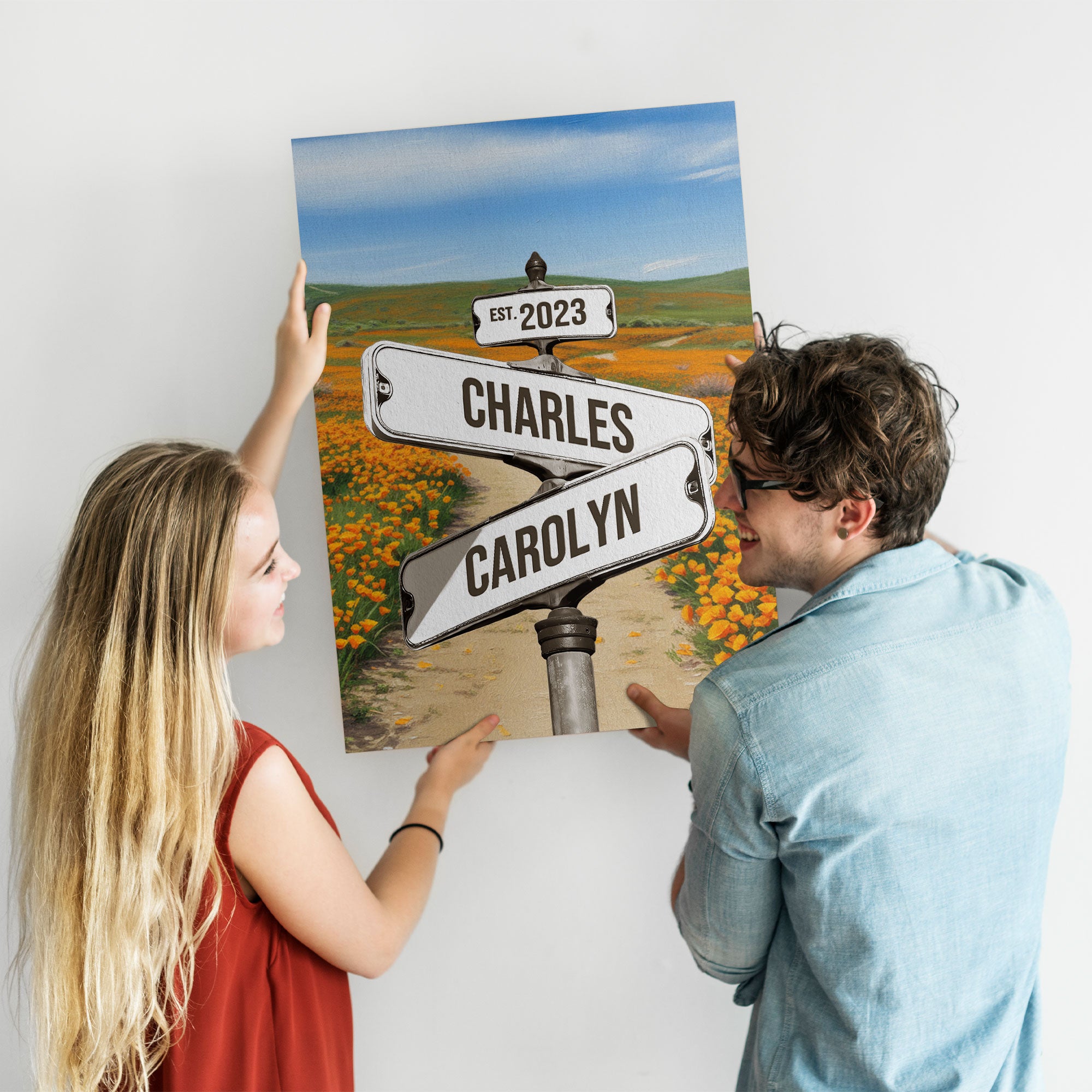 Personalized Poppy Flower Field Street Sign with Names And Year, Romantic Intersection Sign Canvas Gift for Couples