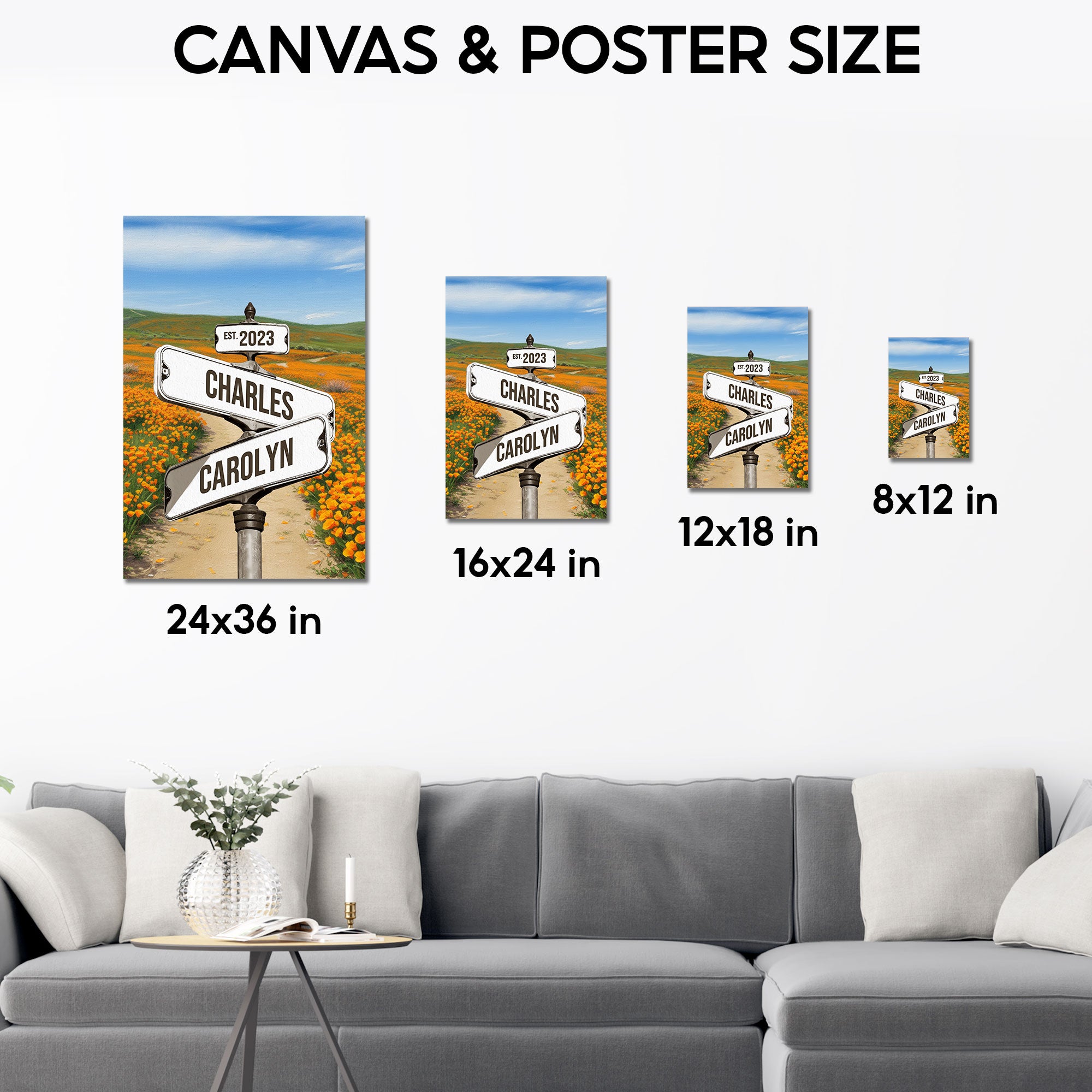 Personalized Poppy Flower Field Street Sign with Names And Year, Romantic Intersection Sign Canvas Gift for Couples