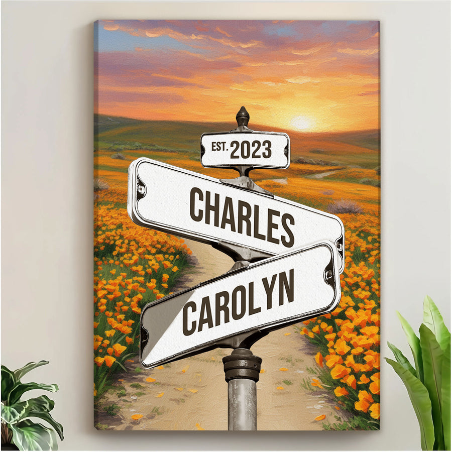 Custom Couple Street Sign Poppy Field Sunset Names & Year Canvas - Personalized Wall Art