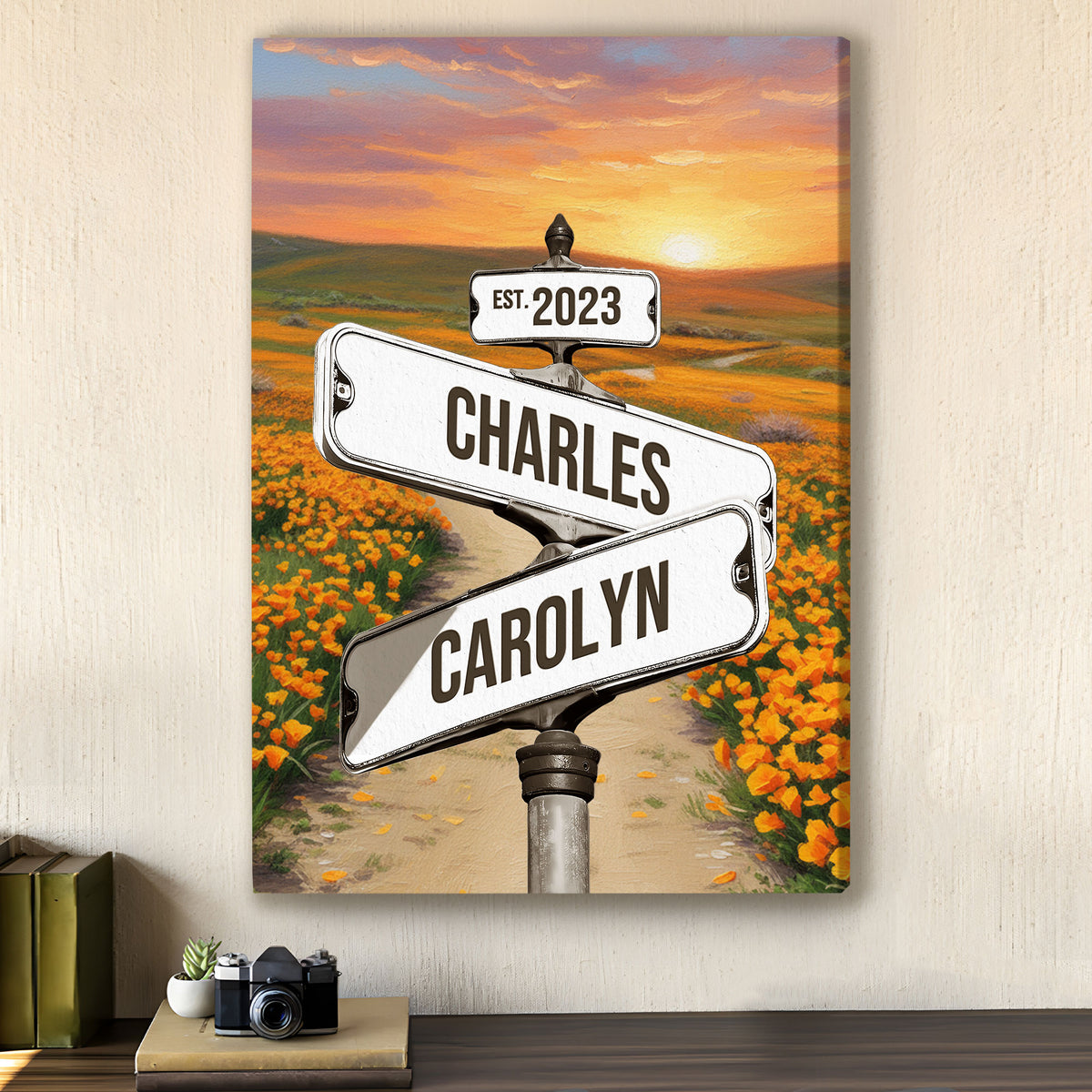 Custom Couple Street Sign Poppy Field Sunset Names & Year Canvas - Personalized Wall Art