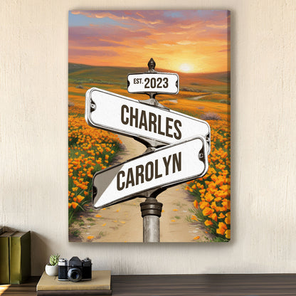 Custom Couple Street Sign Poppy Field Sunset Names & Year Canvas - Personalized Wall Art