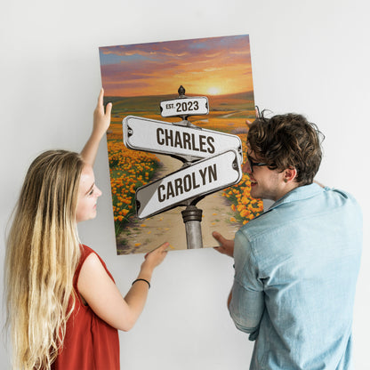 Custom Couple Street Sign Poppy Field Sunset Names & Year Canvas - Personalized Wall Art
