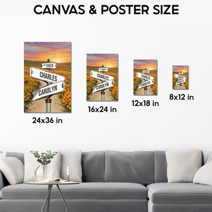 Custom Couple Street Sign Poppy Field Sunset Names & Year Canvas - Personalized Wall Art