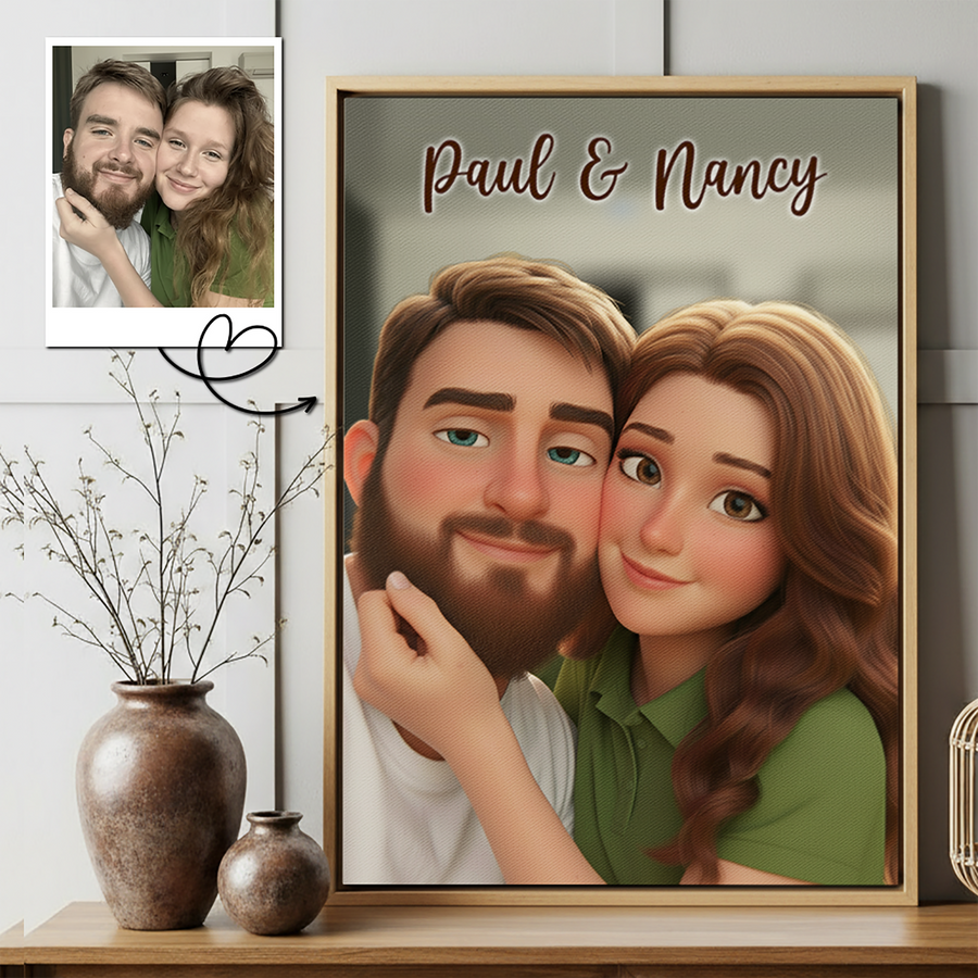 Custom Photo Couple 3D Cartoon Portrait with Names Canvas - Personalized Wall Art