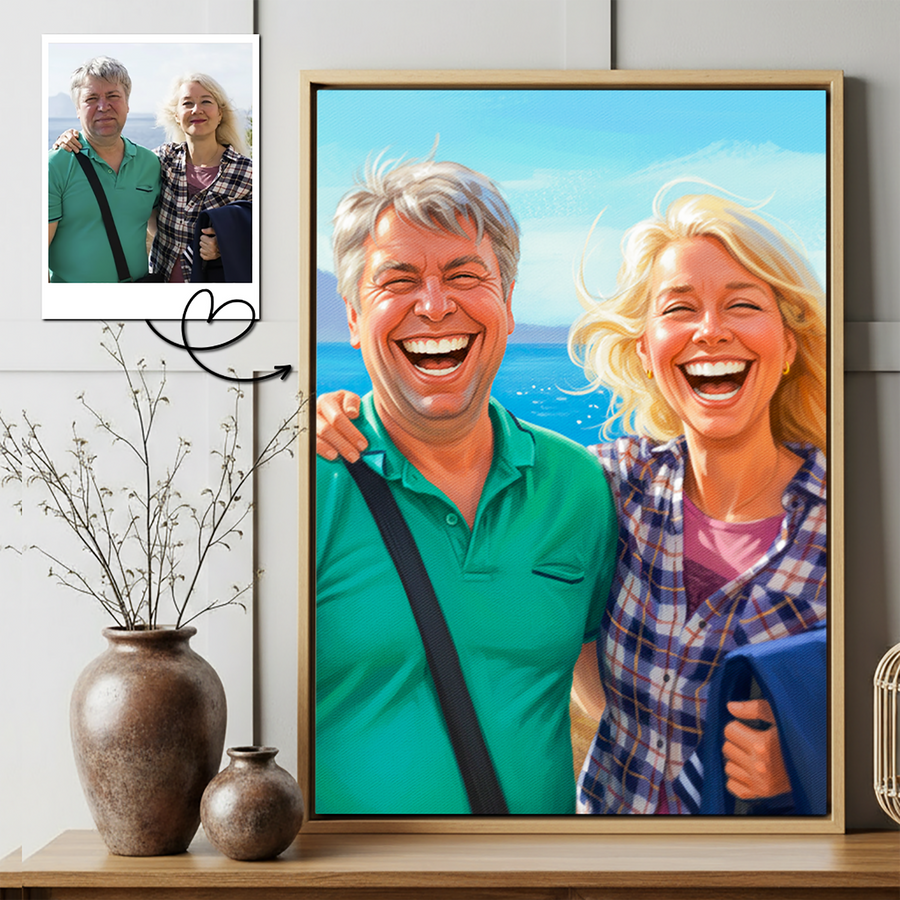 Custom Photo Couple Caricature Portrait with Names Canvas - Personalized Wall Art