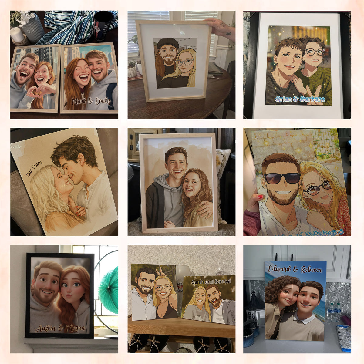 Custom Photo Couple Caricature Portrait with Names Canvas - Personalized Wall Art