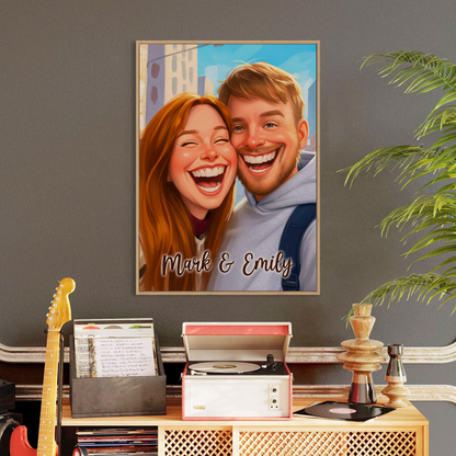 Custom Photo Couple Caricature Portrait with Names Canvas - Personalized Wall Art