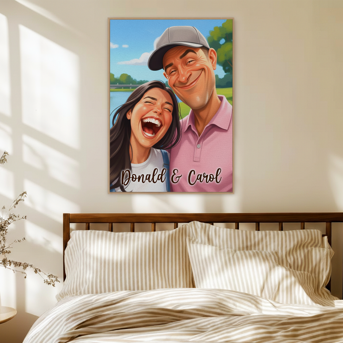 Custom Photo Couple Caricature Portrait with Names Canvas - Personalized Wall Art
