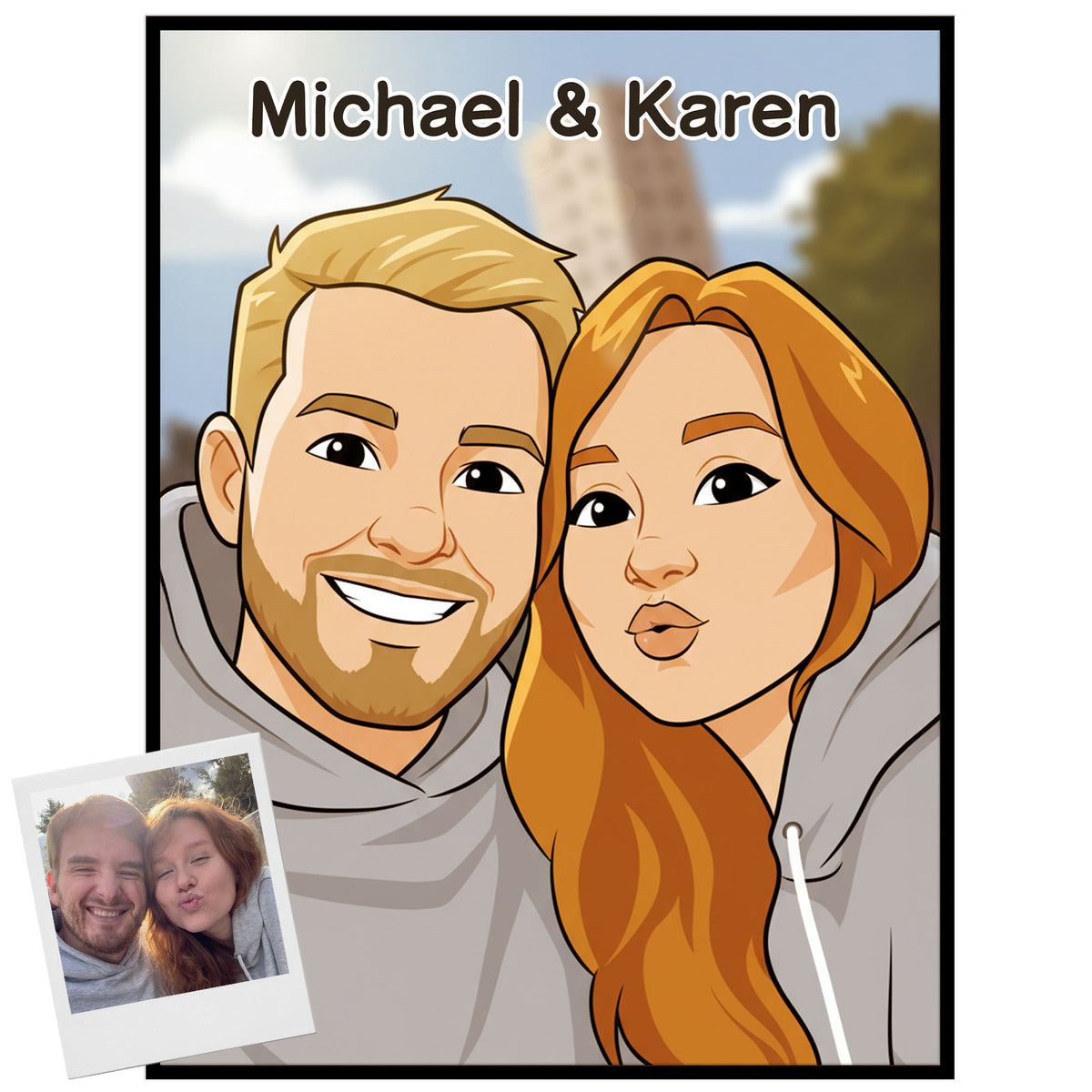 Custom Photo Couple Comic Cartoon Portrait with Names Canvas - Personalized Wall Art