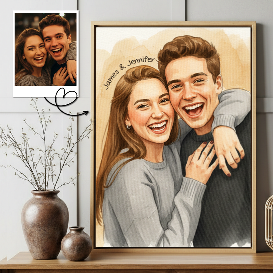 Custom Photo Couple Watercolor Sketch Portrait with Names Canvas - Personalized Wall Art