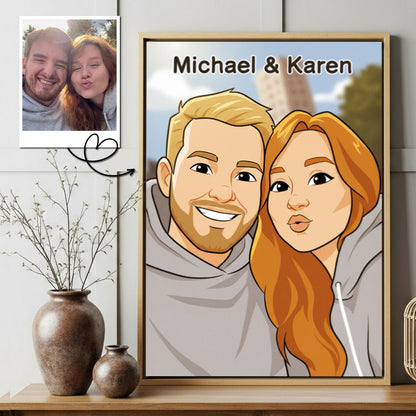 Custom Photo Couple Comic Cartoon Portrait with Names Canvas - Personalized Wall Art