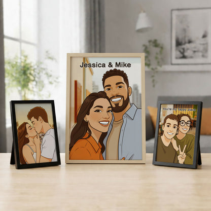 Custom Photo Couple Comic Cartoon Portrait with Names Canvas - Personalized Wall Art