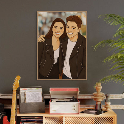 Custom Photo Couple Comic Cartoon Portrait with Names Canvas - Personalized Wall Art