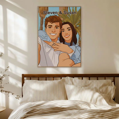 Custom Photo Couple Comic Cartoon Portrait with Names Canvas - Personalized Wall Art