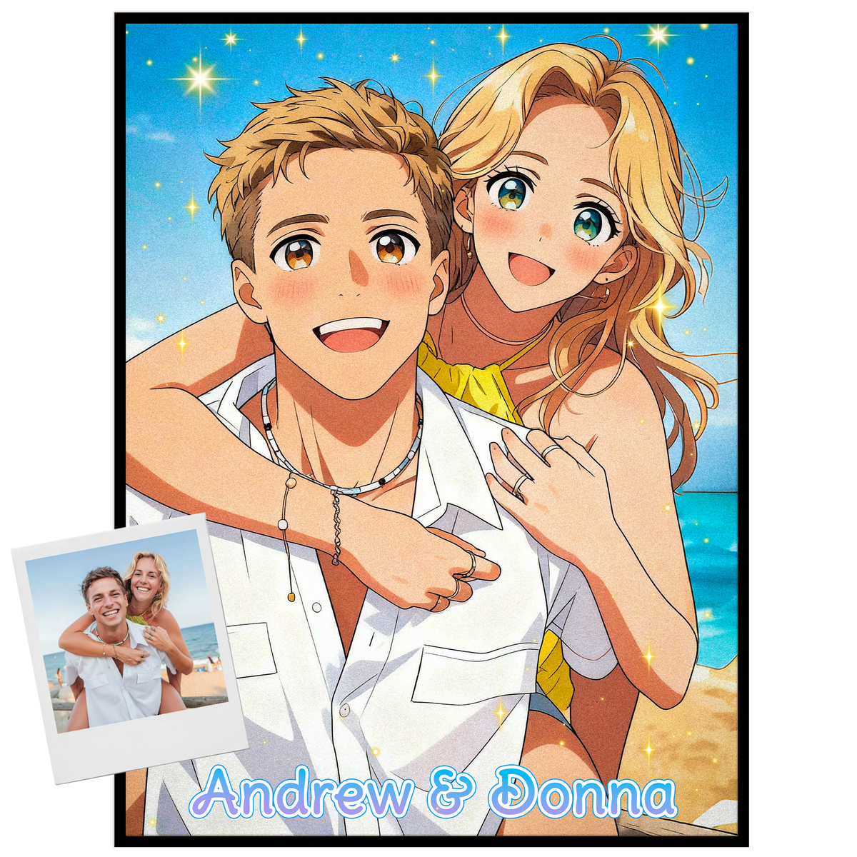 Custom Photo Couple Anime Portrait with Names Canvas - Personalized Wall Art