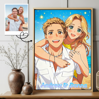 Custom Photo Couple Anime Portrait with Names Canvas - Personalized Wall Art