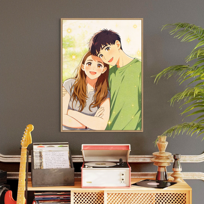 Custom Photo Couple Anime Portrait with Names Canvas - Personalized Wall Art