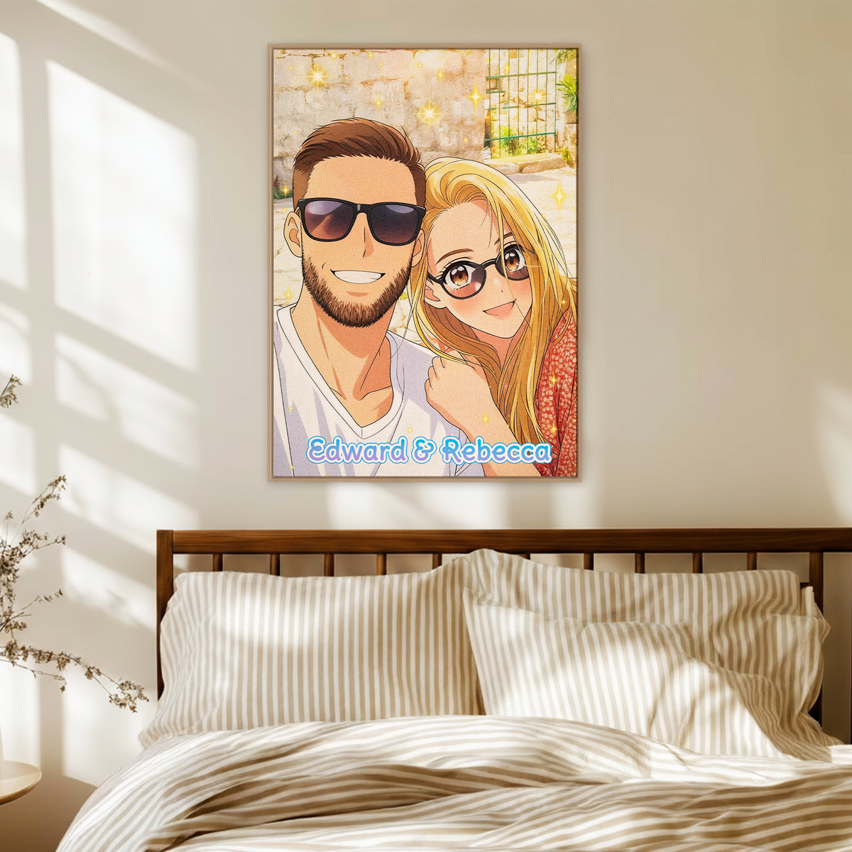Custom Photo Couple Anime Portrait with Names Canvas - Personalized Wall Art