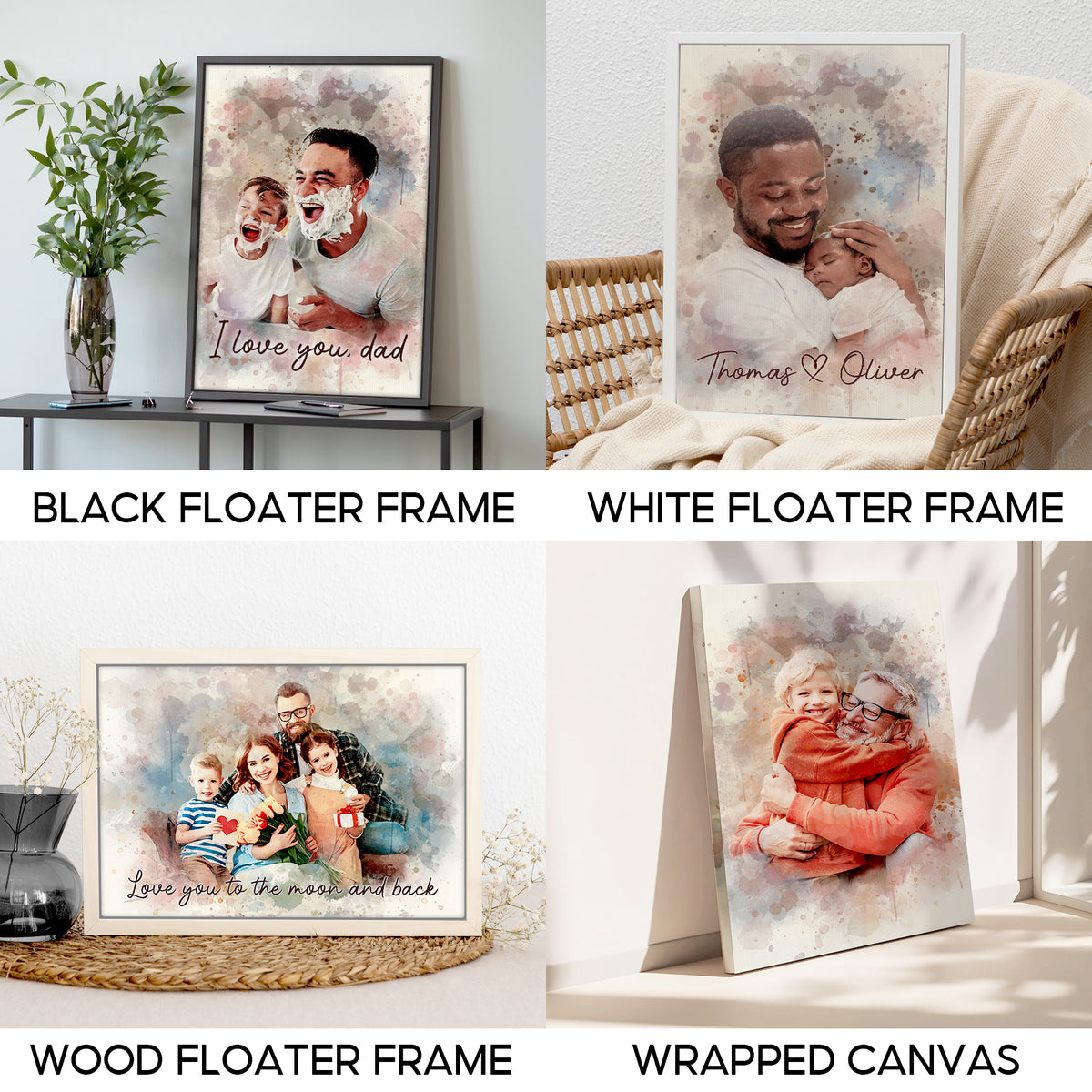 Custom Photo Watercolor Portrait Dad and Grandpa I Love You Dad Canvas - Personalized Wall Art