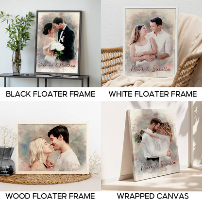 Custom Photo Watercolor Wedding Portrait Names & Date - Personalized Wrapped Canvas