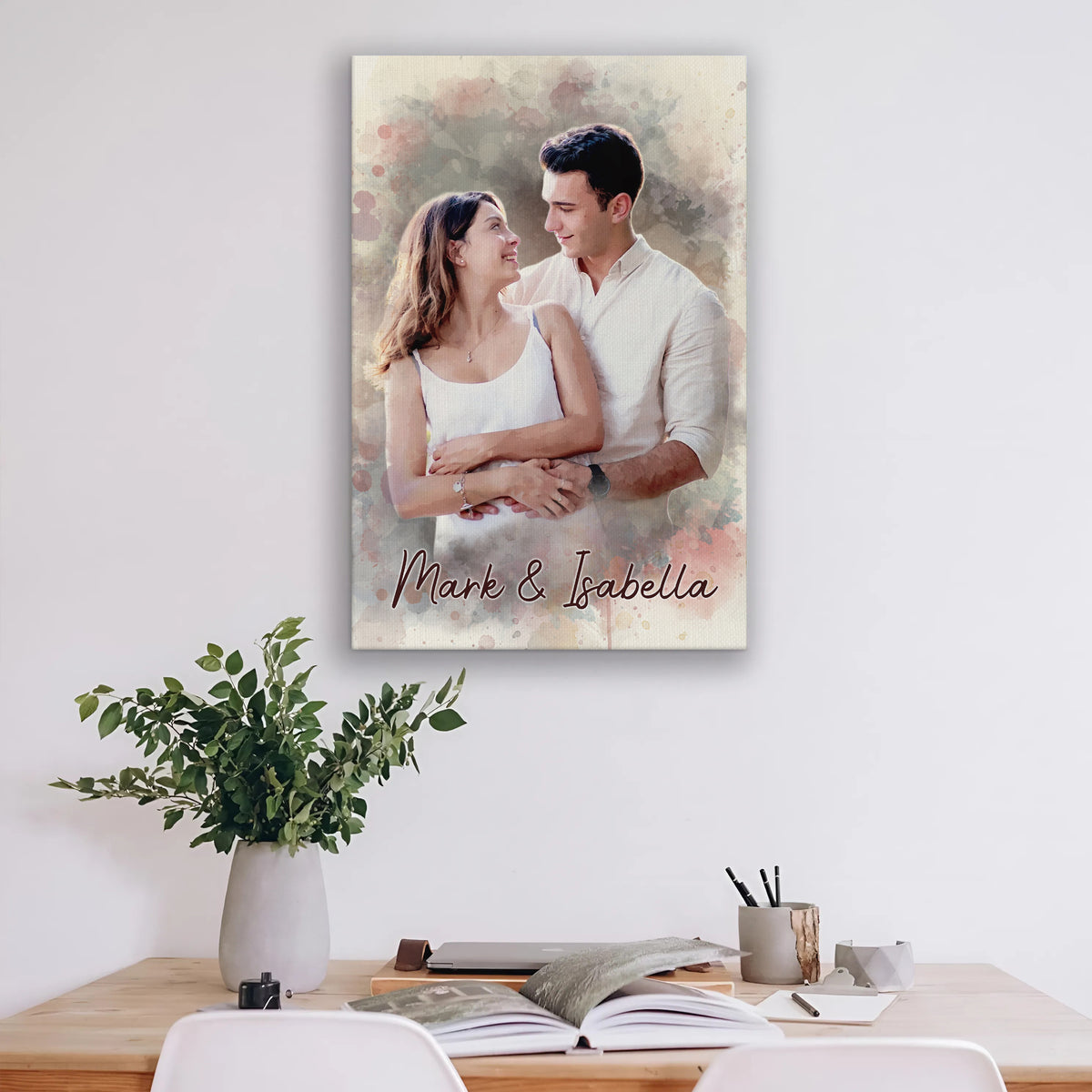Custom Photo Watercolor Wedding Portrait Names & Date - Personalized Wrapped Canvas
