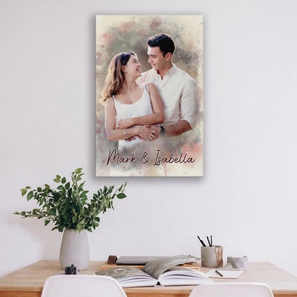 Custom Photo Watercolor Wedding Portrait Names & Date - Personalized Wrapped Canvas