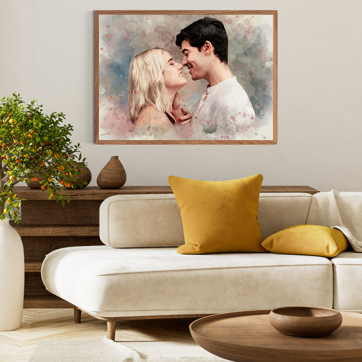 Custom Photo Watercolor Wedding Portrait Names & Date - Personalized Wrapped Canvas