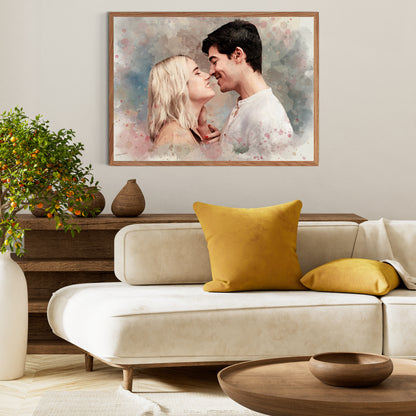 Custom Photo Watercolor Wedding Portrait Names & Date - Personalized Wrapped Canvas
