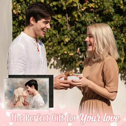 Custom Photo Watercolor Wedding Portrait Names & Date - Personalized Wrapped Canvas