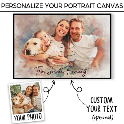 Custom Watercolor Family and Dog Portrait from Photo with Last Name Canvas - Personalized Wall Art